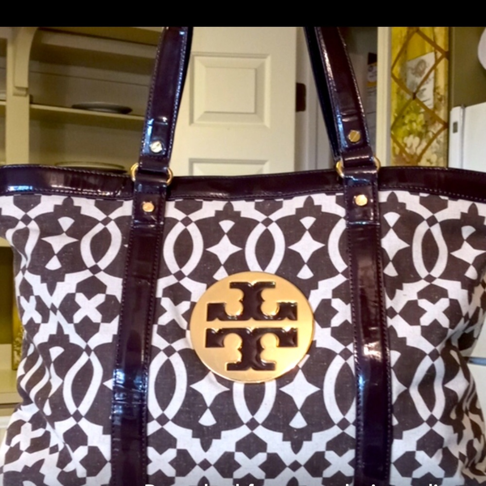 Tory Burch Brown/Gold Patent Leather/Canvas Tote